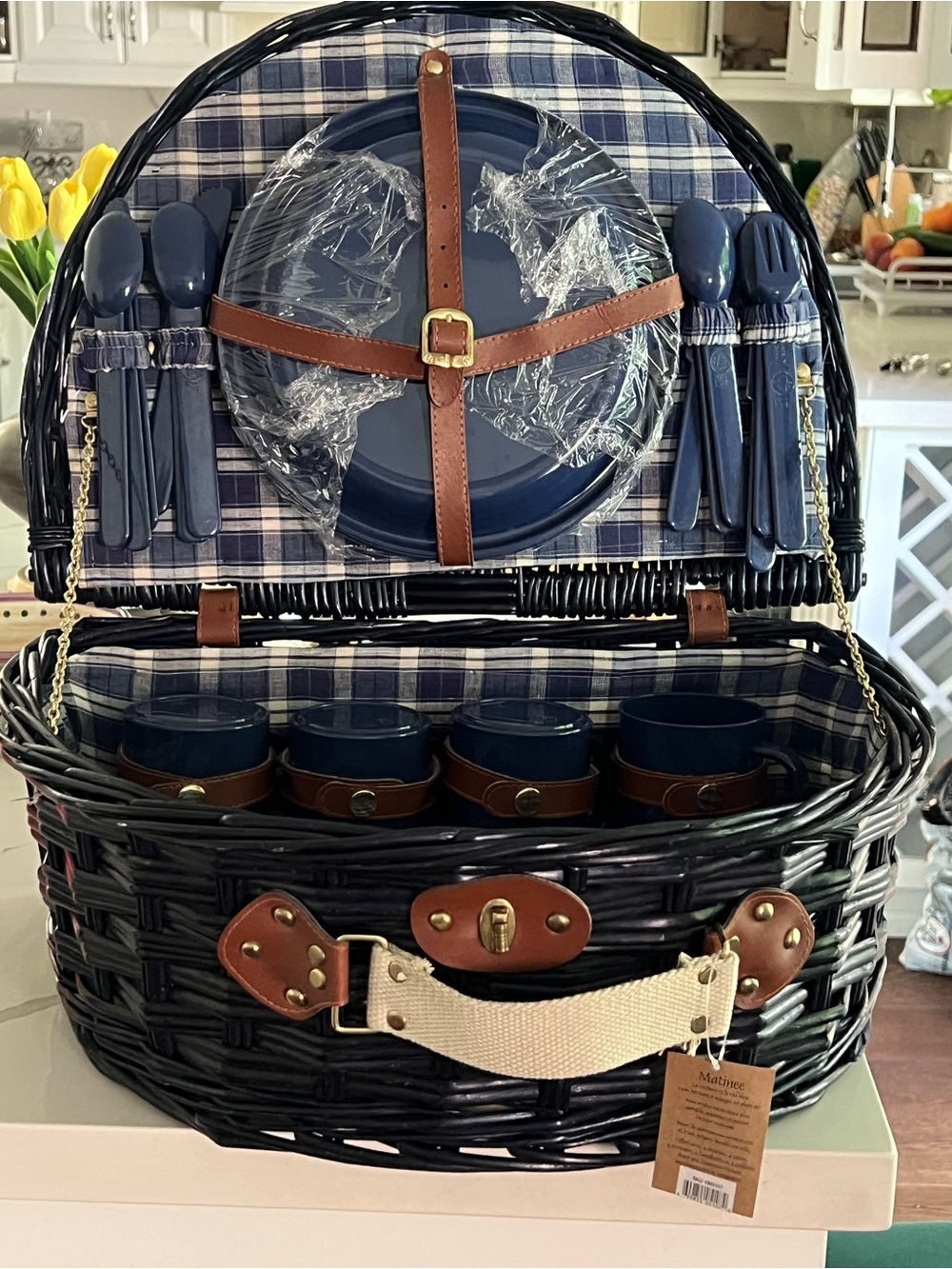 Blue Picnic Basket Set with Tan Accents